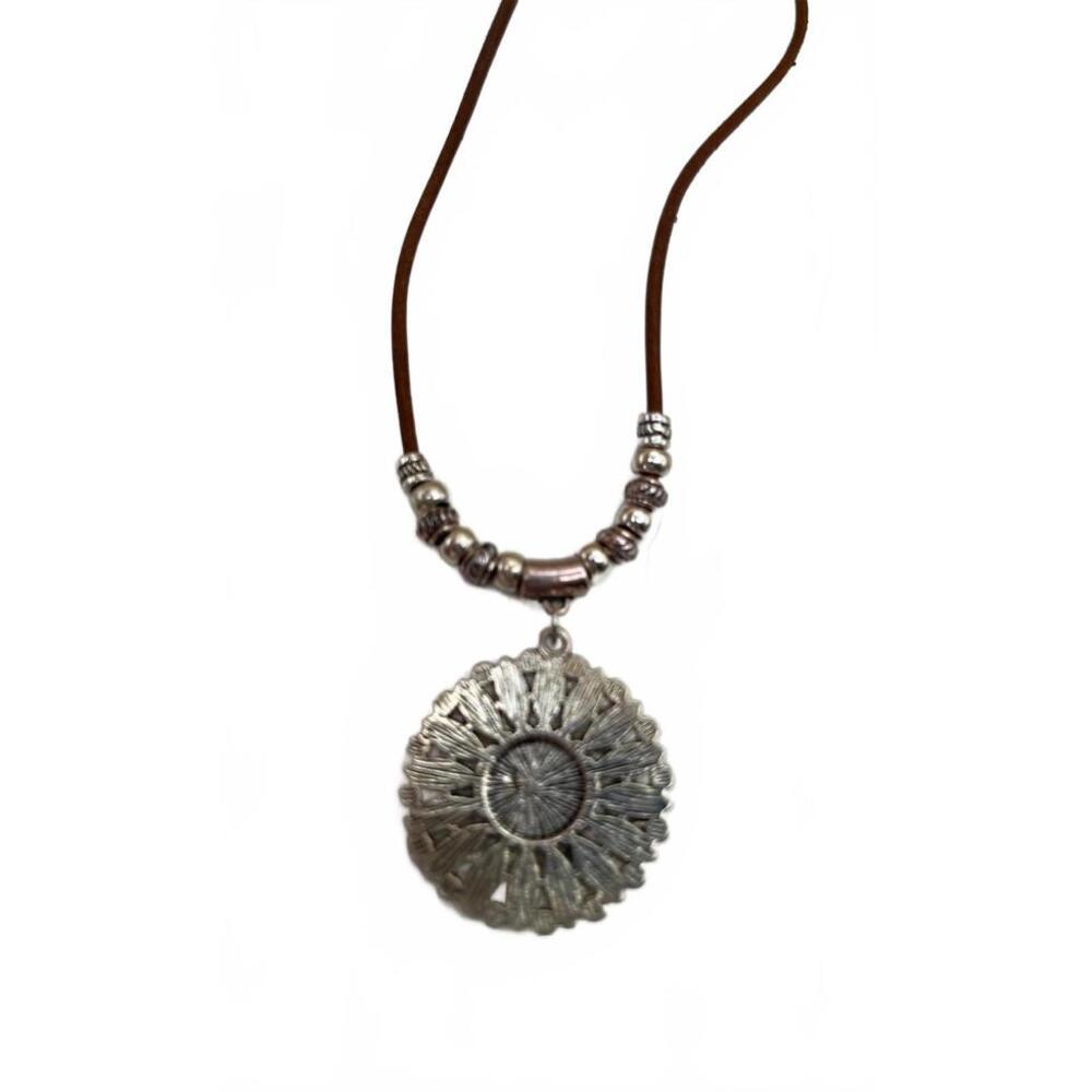 Southwest Silver and Turquoise Sunburst Pendant Necklace on Brown Cord - Picture 5 of 7